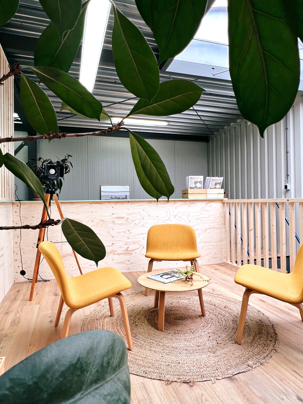 Ontvangstruimte met gele stoelen